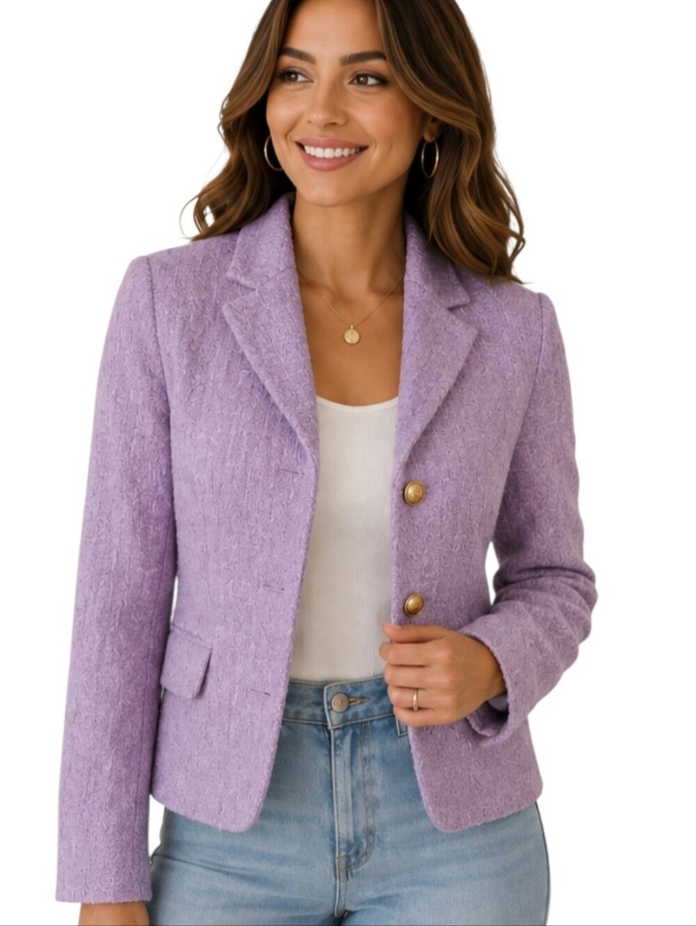 Zara Lilac Bouclé Tweed Blazer Gold Buttons NWT Size Small